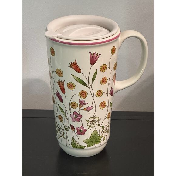 Longaberger Pottery Floral Travel Dring Mug Tumbler with Lid 16 Oz Flowers - Picture 1 of 9